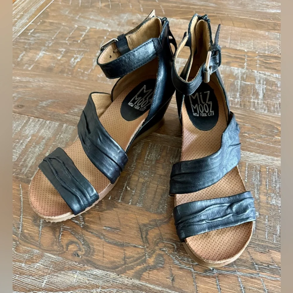 Miz Mooz Black Leather Wedge Sandals